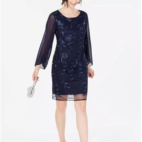 CONNECTED APPAREL Womens Navy Sequined Floral Long Sleeve Scoop Neck Dress - Picture 7 of 10